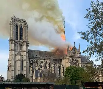 View of Notre-Dame Cathedral on fire as seen from Quai de Montebello in Paris