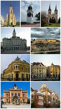 Clockwise from top left: the Name of Mary Church; Petrovaradin Clock Tower; the Our Lady of Snow ecumenic Church; Petrovaradin Fortress; Liberty Square; Novi Sad Synagogue; bishop's palace; building of the Matica srpska; and Town Hall