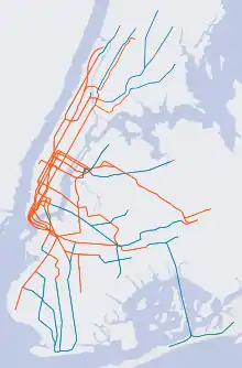 A map of line elevation in relation to the ground. Underground segments are in orange. Above-ground segments are in blue, whether they are elevated, embanked, graded or open cut