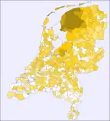 Map of the Netherlands with the municipalities in different shades of yellow