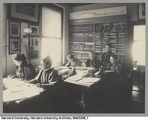 Harvard Computers working in a room in the new brick building, built in 1892. According to the information of a calendar shown in the image, this photo taken in March 1898. Williamina Fleming is standing. Immediately in front of her are Evelyn Leland (back row center) and Ida E. Woods to the right. The rest are unknown, but the woman closest to the camera could be Annie Jump Cannon. This description is based on http://hea-www.harvard.edu/~fine/Observatory/eleland.html#ComputersBrickBuilding Photo credit: UAV 630.271 (E4116), olvwork432388. Harvard University Archives.