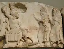 Dynast Arbinas, in Persian dress, receiving emissaries. Scene from the upper podium frieze of the Nereid Monument, c. 380 BC.