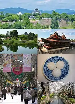 (From top, left to right : Okayama Castle • Okayama Kōraku-en Garden • Kibitsu Jinja • Kibidango • Omote-chō shopping arcade • Nishigawa Green Park)