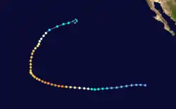 Map plotting the track and intensity of Hurricane Olaf according to the Saffir–Simpson scale