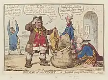 Cartoon of John Bull giving his breeches to save his bacon