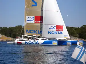 Trimaran Nokia, type open ORMA 60 in Sandhamn, preparing for the start. Photo: July 2005.