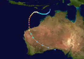 A map of a path across the eastern Indian Ocean near Australia. Most of the country can be seen in the right side of the image. Some of the Indonesian islands are visible at the top.