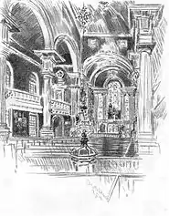 "Interior of Christ Church, Philadelphia" (1914) by Joseph Pennell. Gostelowe's baptismal font is in the foreground.