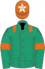 Emerald green, orange epaulets and armlets, orange cap, white star