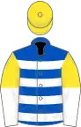 Royal blue, white hoops, yellow and white halved sleeves, yellow cap