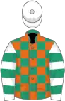 Emerald green and orange check, white and emerald green hooped sleeves, white cap