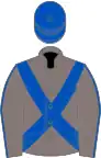 Confederate grey, royal blue cross sashes, blue seam on sleeves, blue cap