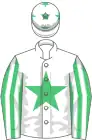 White, emerald green star, striped sleeves, white cap, emerald green stars