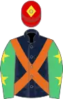 Dark blue, orange cross belts, emerald green sleeves, yellow stars, red cap, yellow diamond