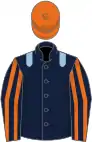 Dark blue, light blue epaulets, dark blue and orange striped sleeves, orange cap