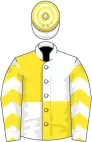 White and yellow quartered, yellow chevrons on sleeves, hooped cap