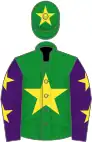 Green, yellow star, purple sleeves, yellow stars, green cap, yellow star