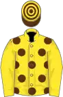 Yellow, brown spots, yellow sleeves, brown and yellow hooped cap