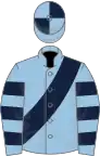 Light blue, dark blue sash, hooped sleeves, quartered cap