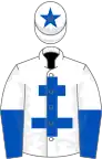 White, royal blue cross of lorraine, halved sleeves, star on cap