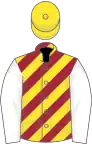 MAROON and YELLOW DIAGONAL STRIPES, white sleeves, yellow cap