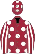 Maroon, white spots, striped sleeves, spots on cap