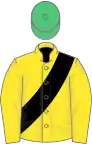 Yellow, black sash, emerald green cap