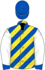 Yellow and royal blue diagonal stripes, white sleeves, royal blue cuffs, royal blue cap