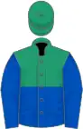 Emerald green and royal blue (halved horizontally), blue sleeves, emerald green cap