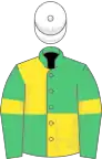 Emerald green and yellow quartered, em green sleeves, yellow armlet, white cap