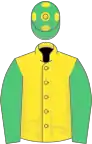 Yellow, emerald green sleeves, green cap, yellow spots