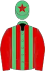 Emerald green and red stripes, red sleeves, red star on cap