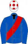 Royal blue, red sash, white cap, red spots