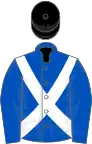 ROYAL BLUE, white cross sashes, black cap