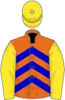 Orange, blue chevrons, yellow sleeves and cap