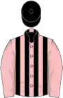 Pink, black stripes on body, black cap