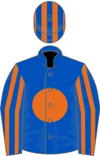 Royal blue, orange disc, striped sleeves and cap