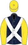 Dark blue, white cross belts, yellow sleeves and cap