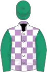 Mauve and white check, emerald green sleeves and cap