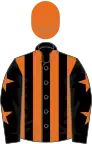 Black and orange stripes, black sleeves, orange stars, orange cap