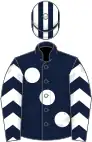 Dark blue, large white spots, dark blue and white chevrons on sleeves, dark blue and white striped cap