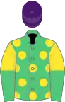 Emerald green, yellow spots, yellow and emerald green halved sleeves, purple cap