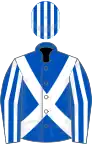 ROYAL BLUE, white cross sashes, striped sleeves and cap