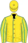 Yellow, light green seams, light green and yellow striped sleeves, yellow cap