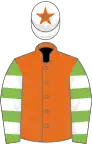 Orange, light green and white hooped sleeves, white cap, orange star