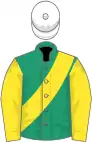 Emerald green, yellow sash and sleeves, white cap