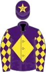 Purple, yellow diamond, diamonds on sleeves and star on cap