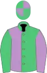 Emerald green and mauve halved, slvs reversed, quartered cap