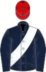 Dark blue, white sash, red cap, dark blue stars