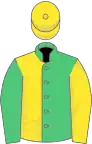 Emerald green and yellow (halved), reversed sleeves, yellow cap